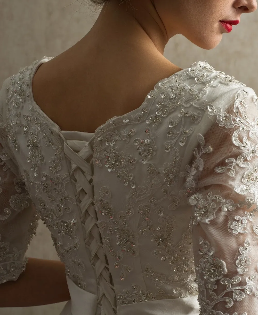 Bead Lace Elbow-Sleeves Wedding Dress with Layers Organza Skirt