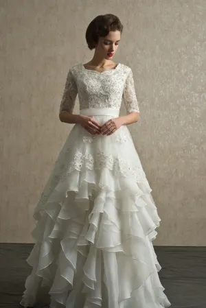 Bead Lace Elbow-Sleeves Wedding Dress with Layers Organza Skirt