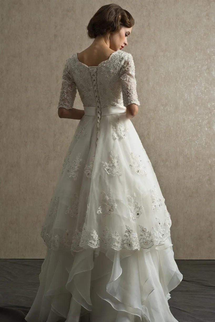 Bead Lace Elbow-Sleeves Wedding Dress with Layers Organza Skirt