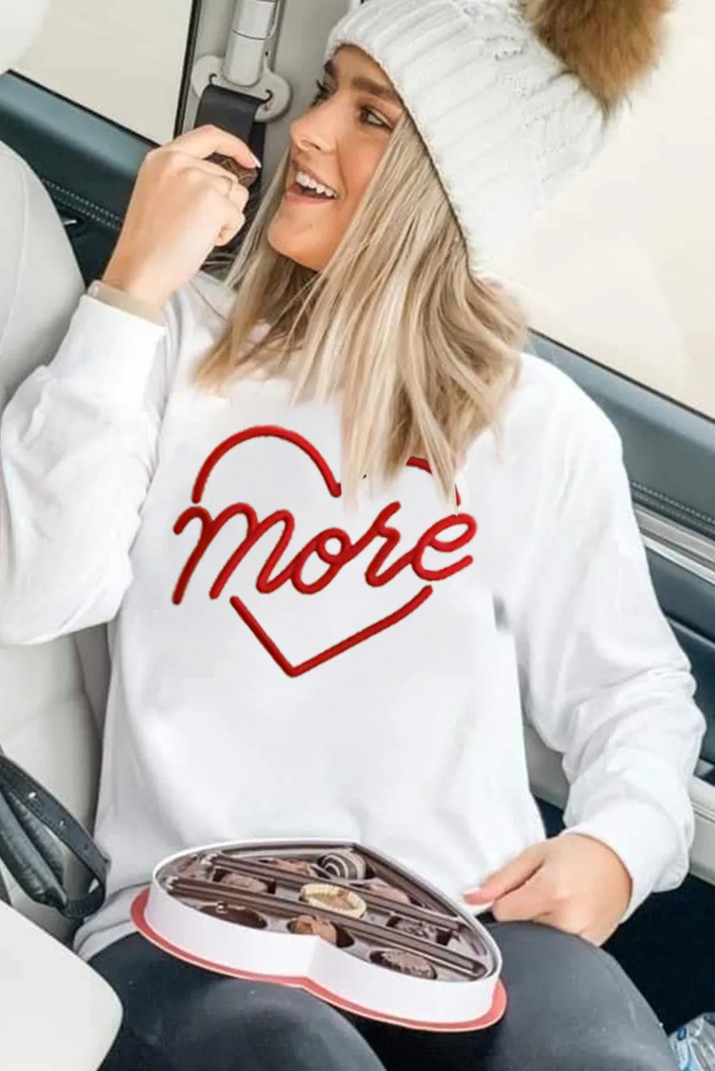 Beige More Heart Shaped Embroidered Pullover Sweatshirt