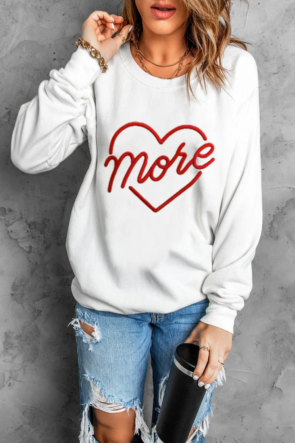 Beige More Heart Shaped Embroidered Pullover Sweatshirt