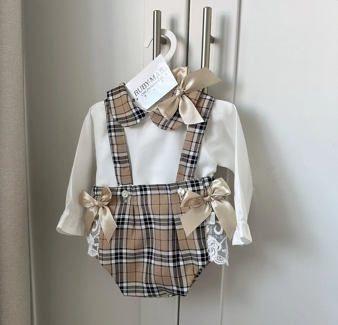 Beige Tartan Bow Dungaree Skirt With Matching Blouse - Elouise