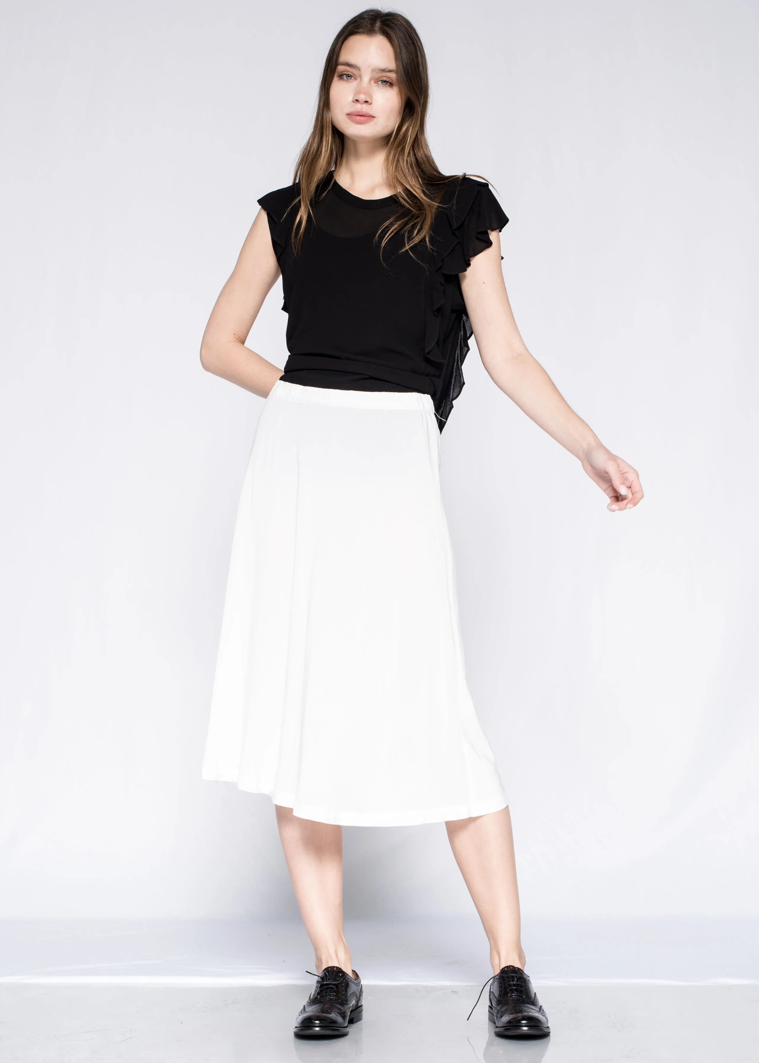 Below Knee Elastic Waist A-Line Skirt