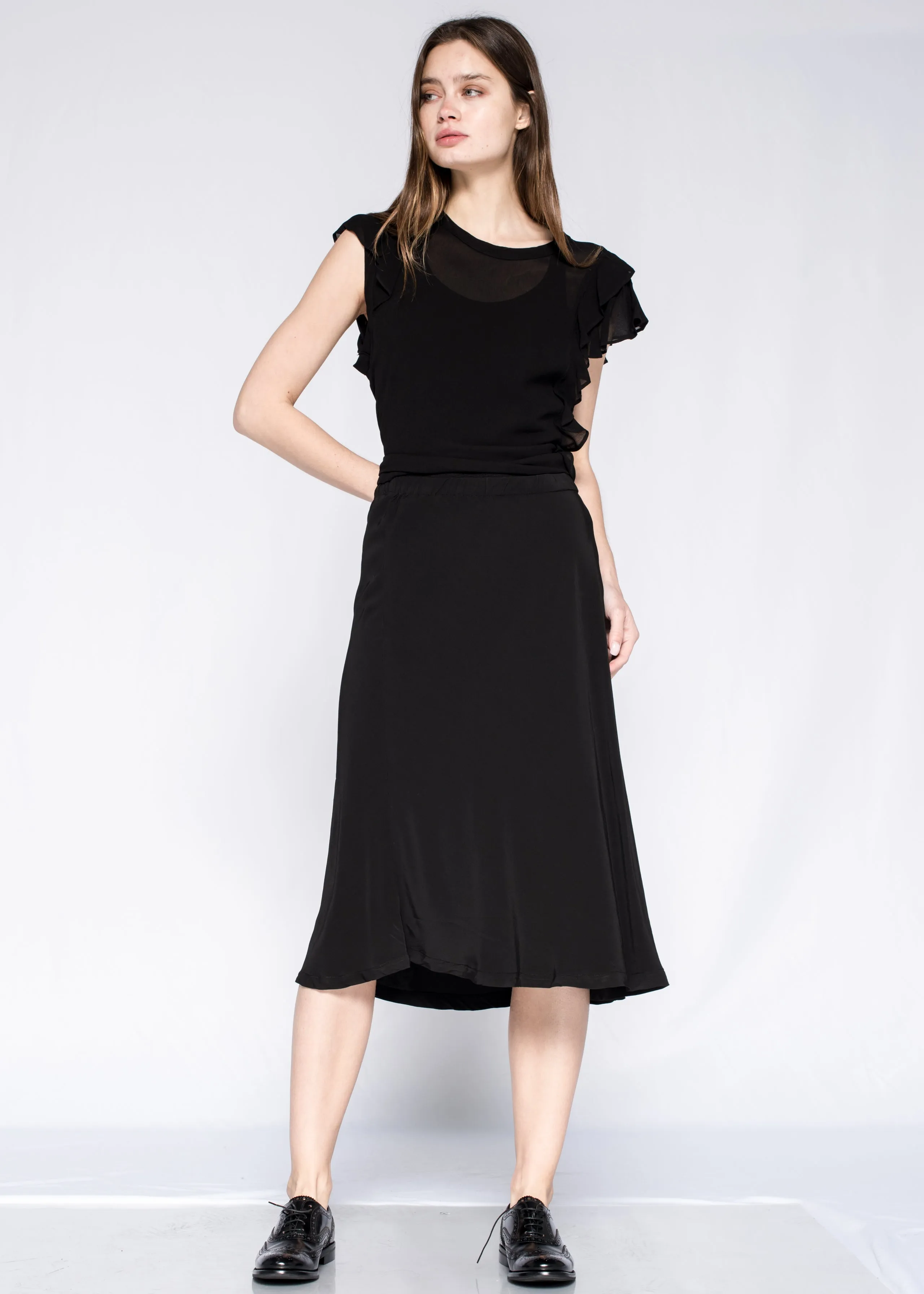 Below Knee Elastic Waist A-Line Skirt
