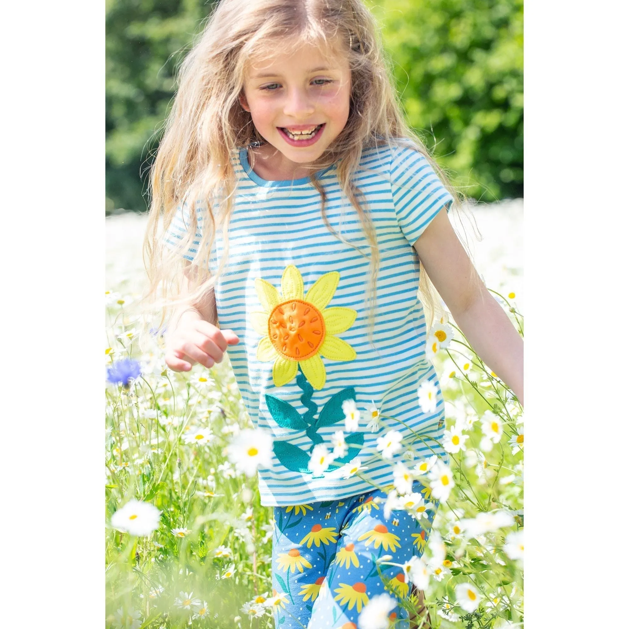 Beluga Blue Stripe / Echinacea Camille Applique T-Shirt - 1 Left Size 9-10 years