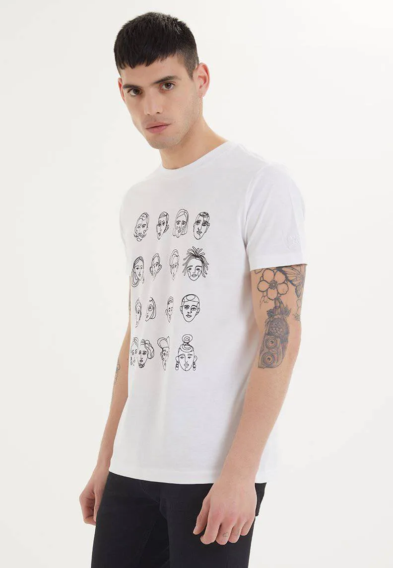 Beyaz Baskılı Bisiklet Yaka Pamuklu Regular Fit Erkek T-Shirt FACES