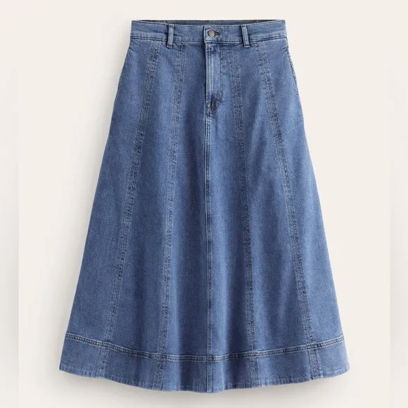 Biden Midi Panelled Full Denim Skirt Midi Size 8 Hemp Cotton Cottage Countryside