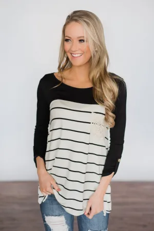 Black & White Striped Crochet Pocket Top
