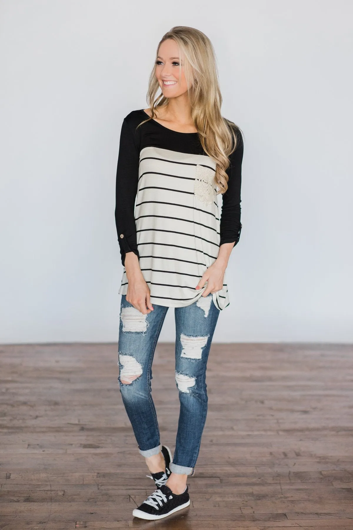 Black & White Striped Crochet Pocket Top