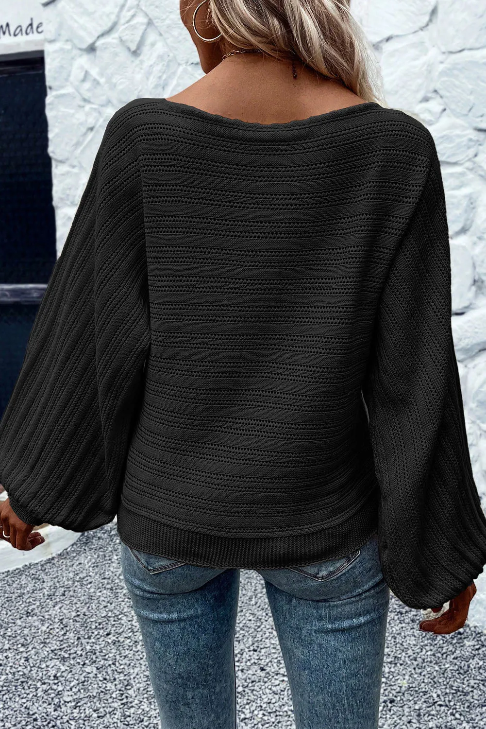 Black Apricot Lantern Sleeve Boat Neck Textured Knit Sweater