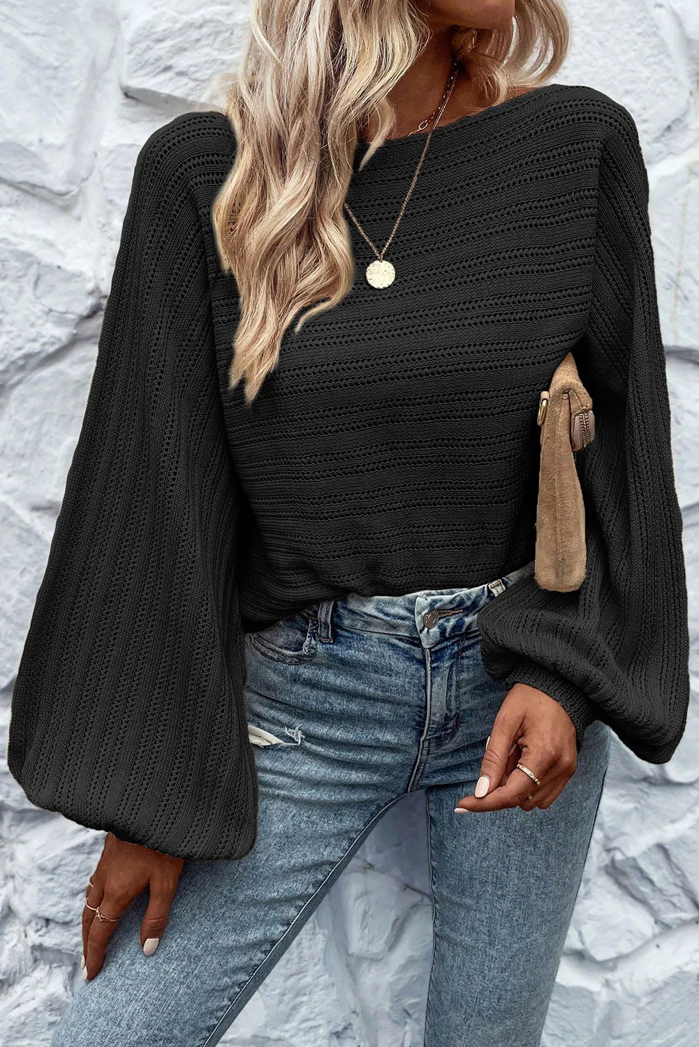 Black Apricot Lantern Sleeve Boat Neck Textured Knit Sweater