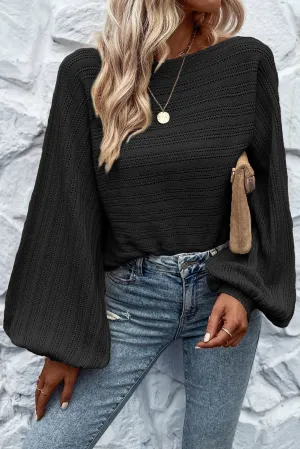 Black Apricot Lantern Sleeve Boat Neck Textured Knit Sweater