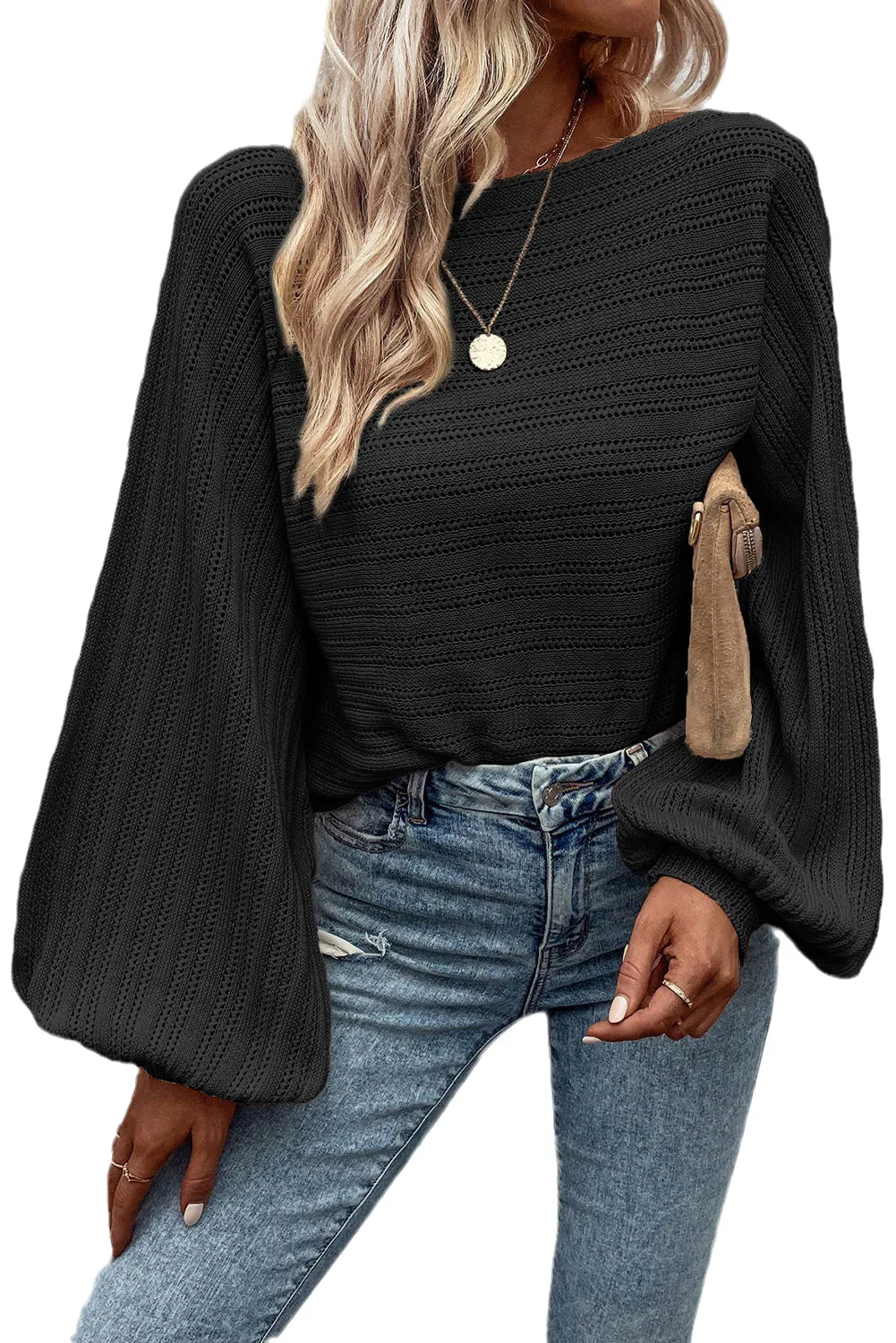 Black Apricot Lantern Sleeve Boat Neck Textured Knit Sweater