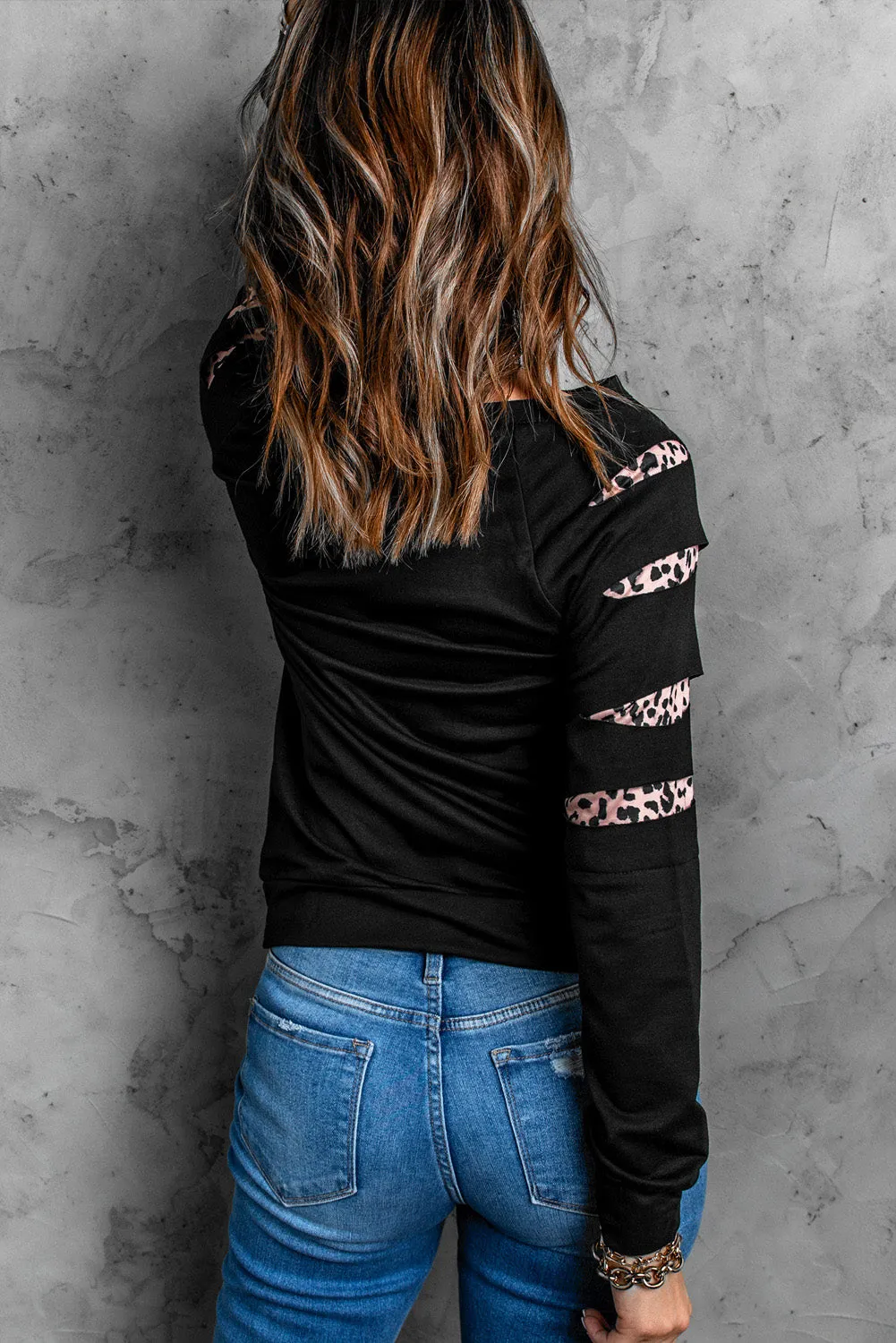 Black FALL Leopard Print Cut Out Long Sleeve Sweatshirt