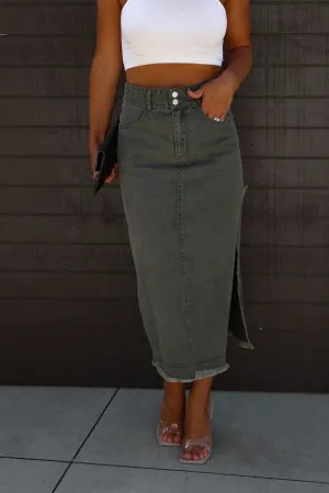 Black High Split Raw Edge Midi Jean Skirt
