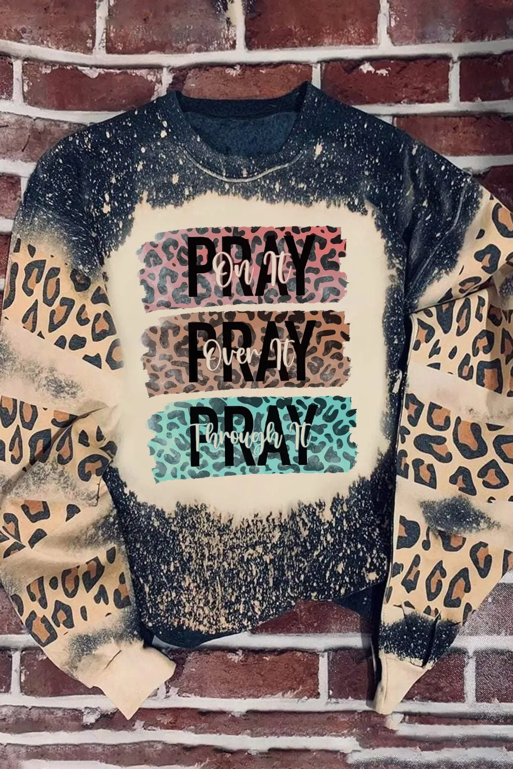 Black PRAY Leopard Bleached Pullover Sweatshirt