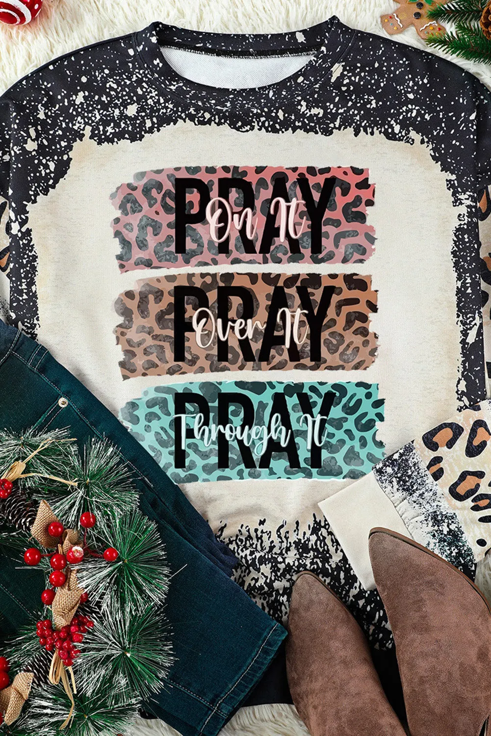 Black PRAY Leopard Bleached Pullover Sweatshirt