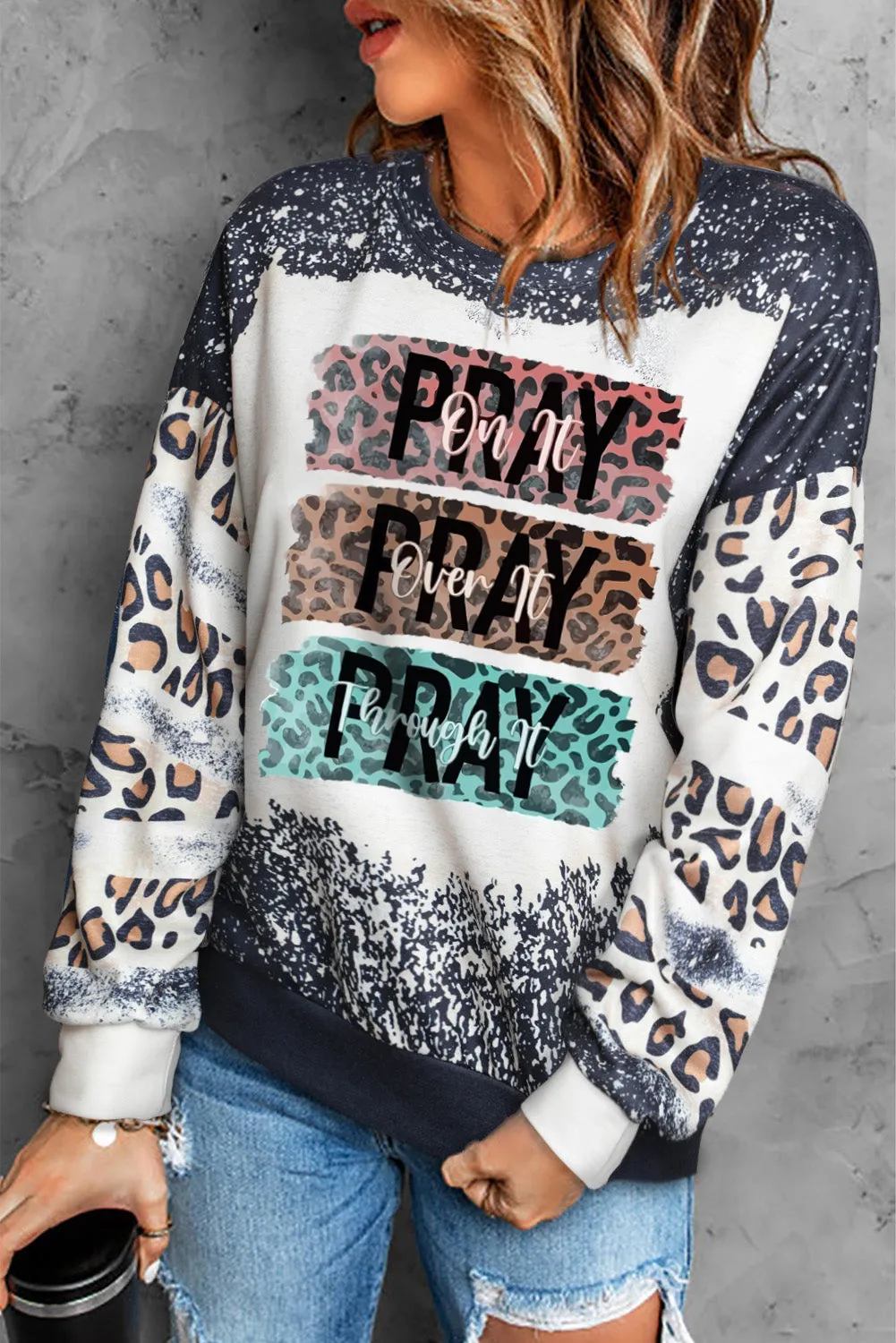 Black PRAY Leopard Bleached Pullover Sweatshirt