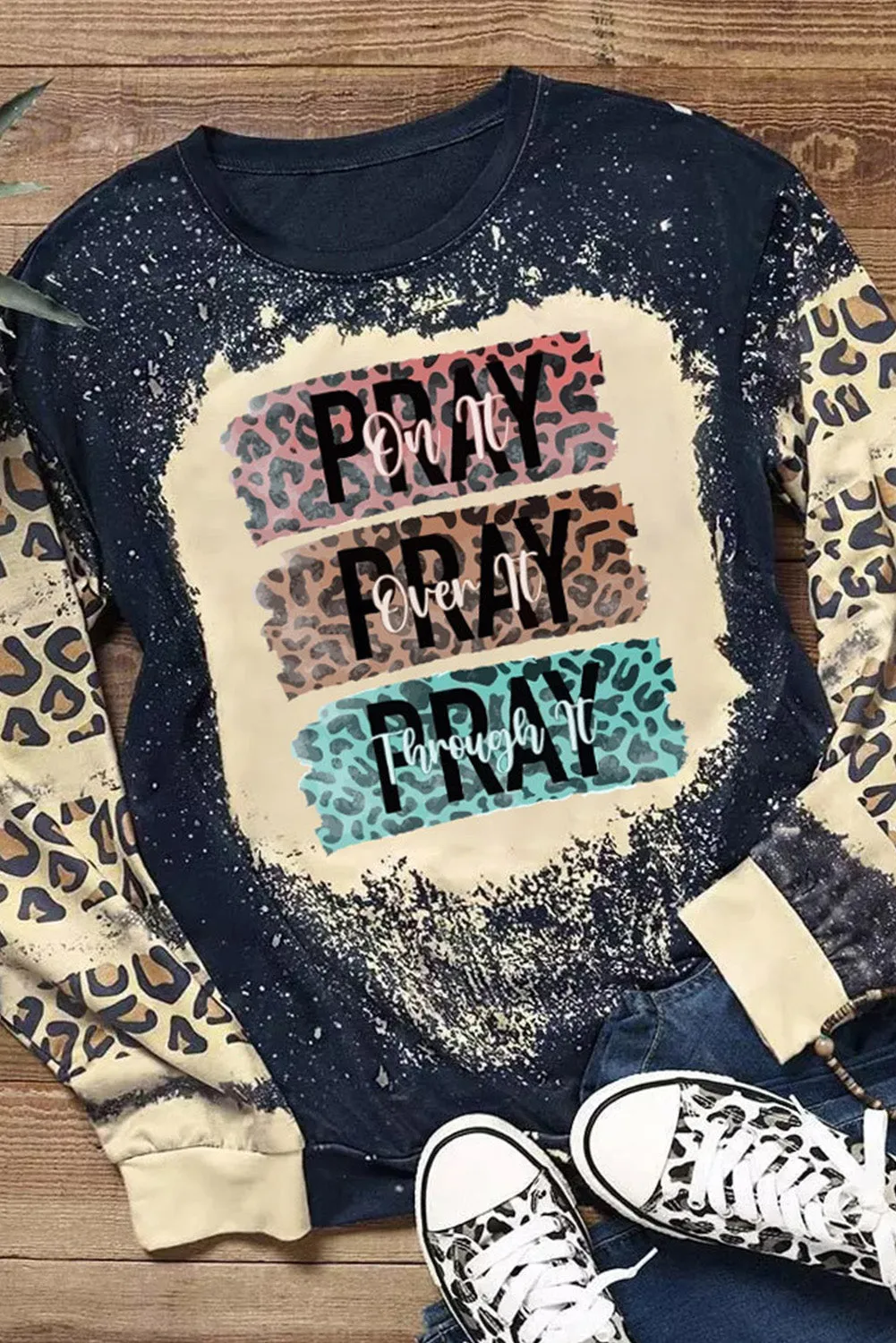Black PRAY Leopard Bleached Pullover Sweatshirt
