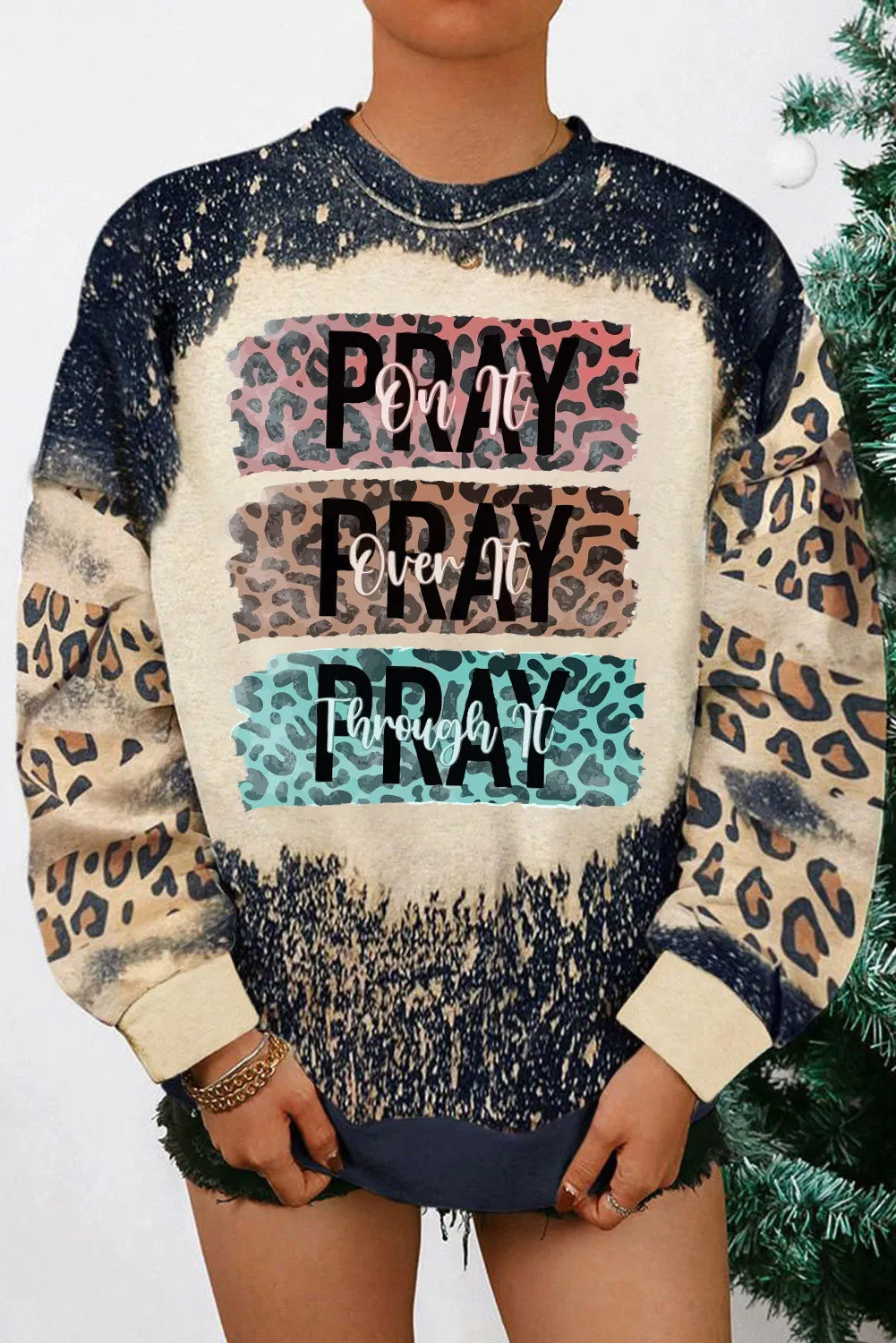Black PRAY Leopard Bleached Pullover Sweatshirt