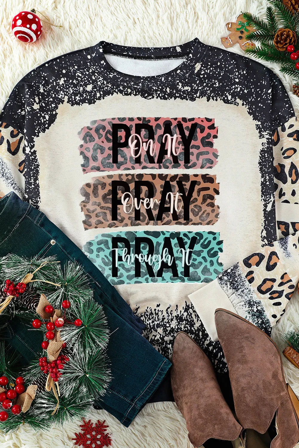 Black PRAY Leopard Bleached Pullover Sweatshirt