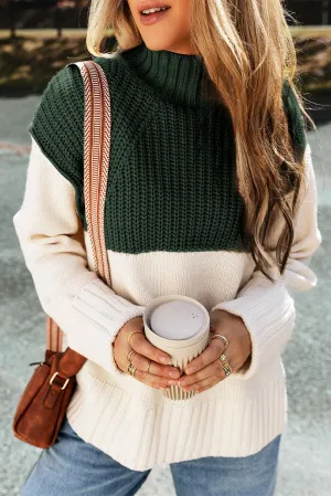 Blackish Green Cable Knit Color Block Side Splits Mock Neck Sweater