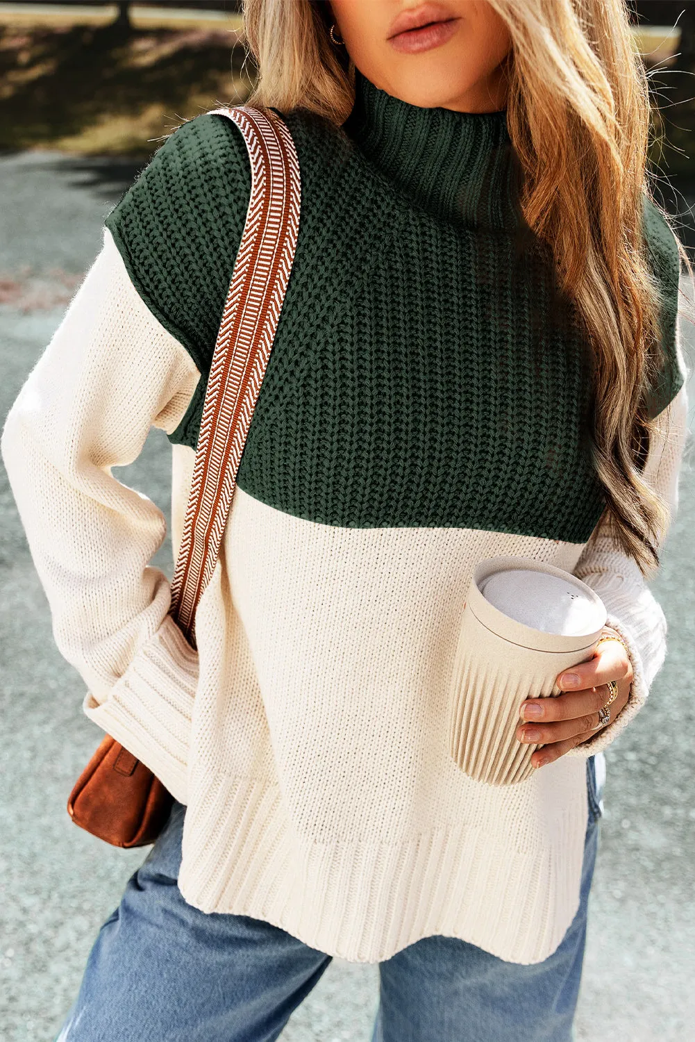 Blackish Green Cable Knit Color Block Side Splits Mock Neck Sweater