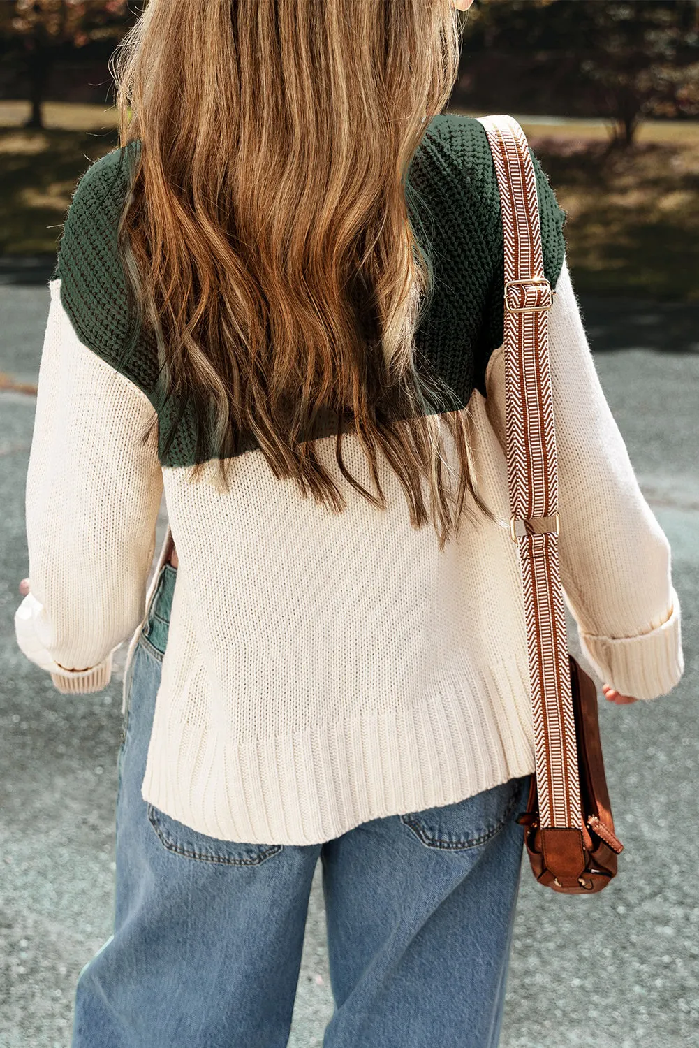 Blackish Green Cable Knit Color Block Side Splits Mock Neck Sweater
