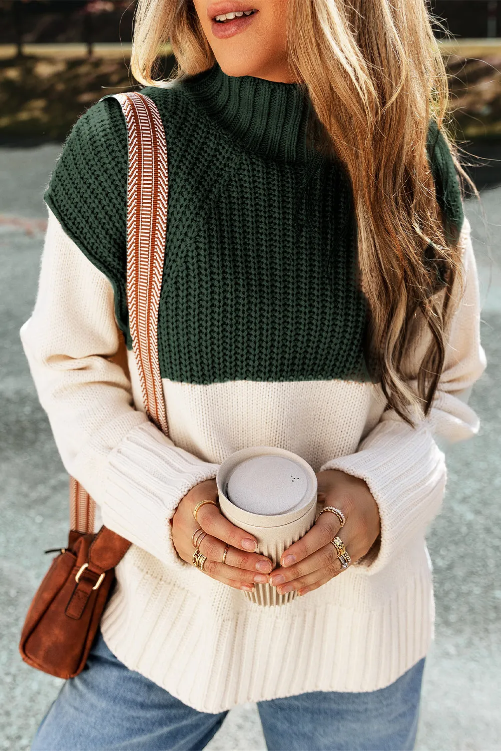 Blackish Green Cable Knit Color Block Side Splits Mock Neck Sweater