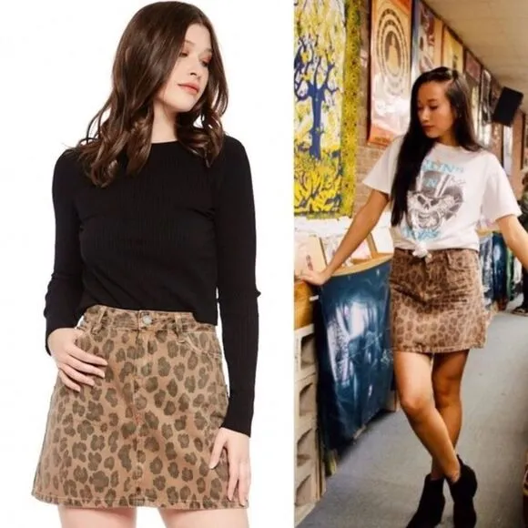 BlankNYC Leopard Print Denim Mini Skirt, NWT