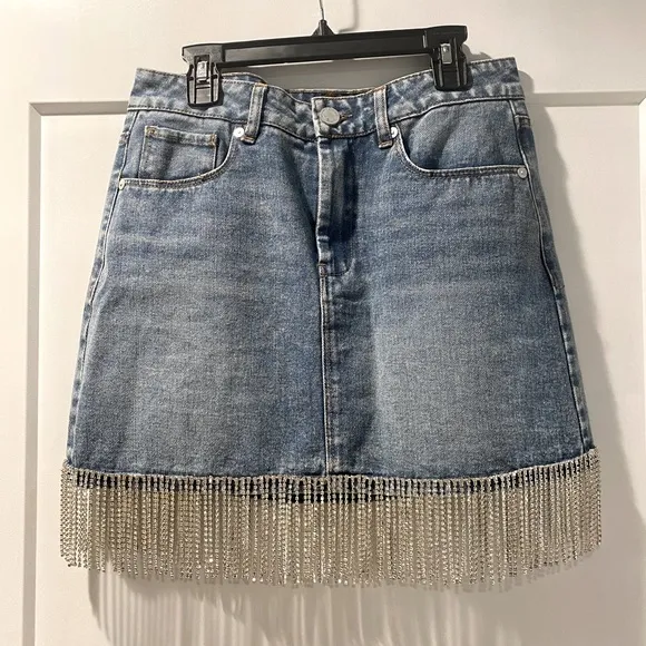 BlankNYC rhinestone fringe denim mini skirt size 26