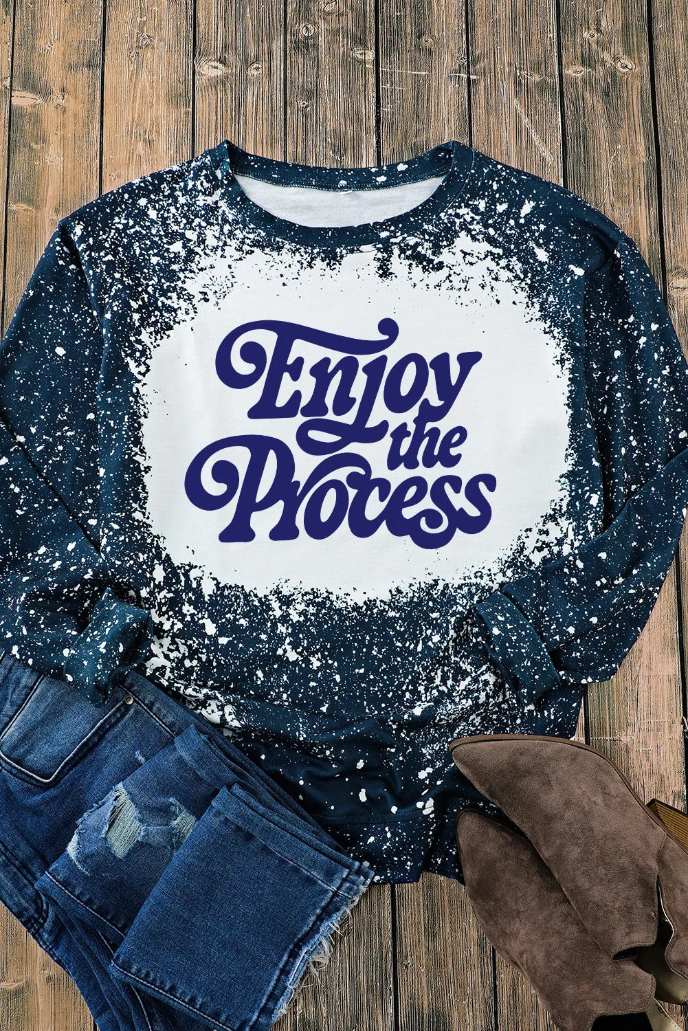 Blue Enjoy the Process Slogan Graphic Tie Dye Sweatshirt