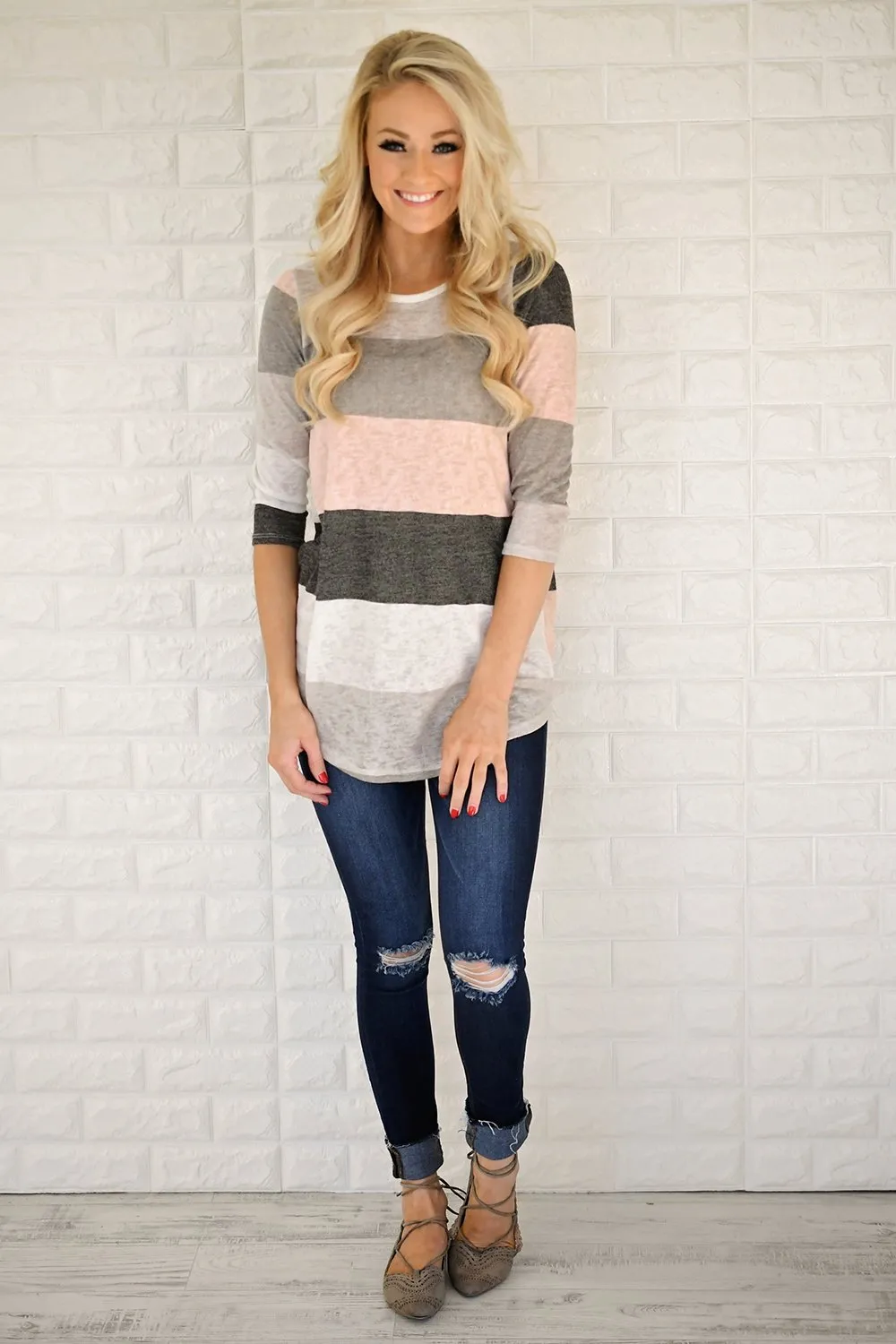Blush & Charcoal Striped Top