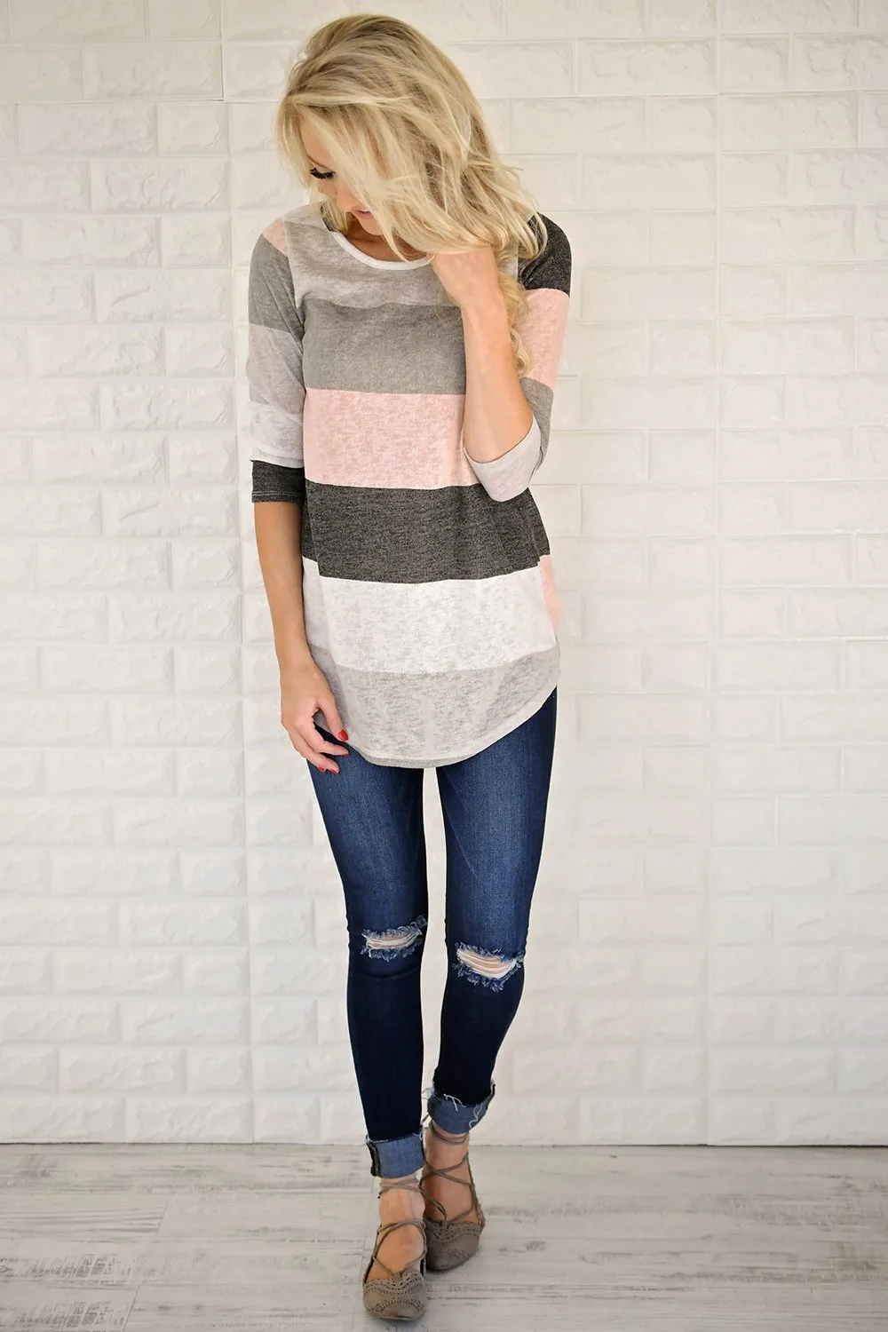 Blush & Charcoal Striped Top