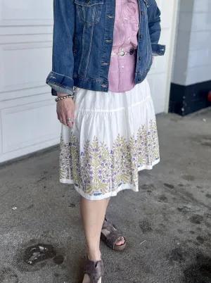 Border Block Print Skirt w/High Ruched Elastic Waist