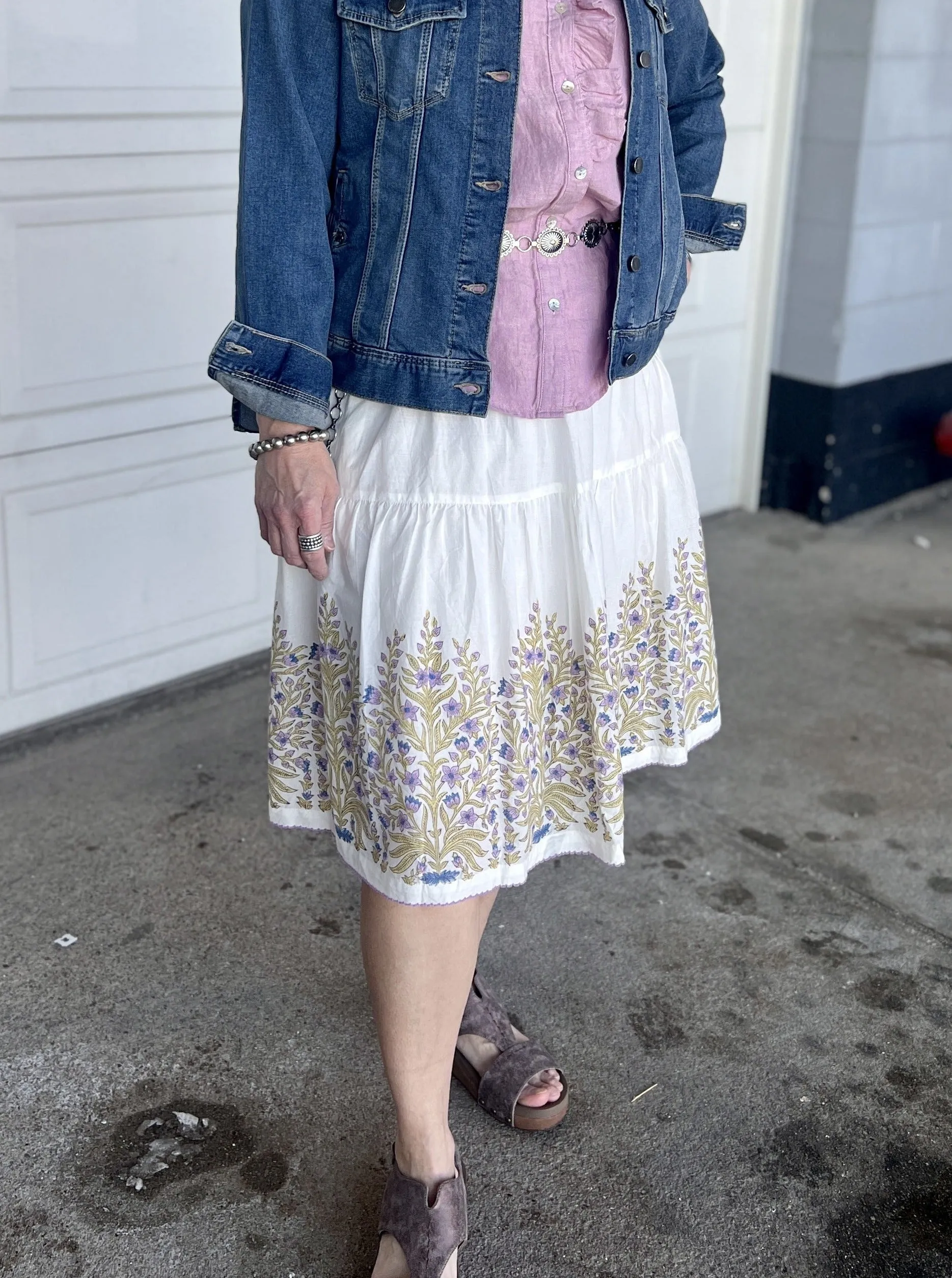 Border Block Print Skirt w/High Ruched Elastic Waist