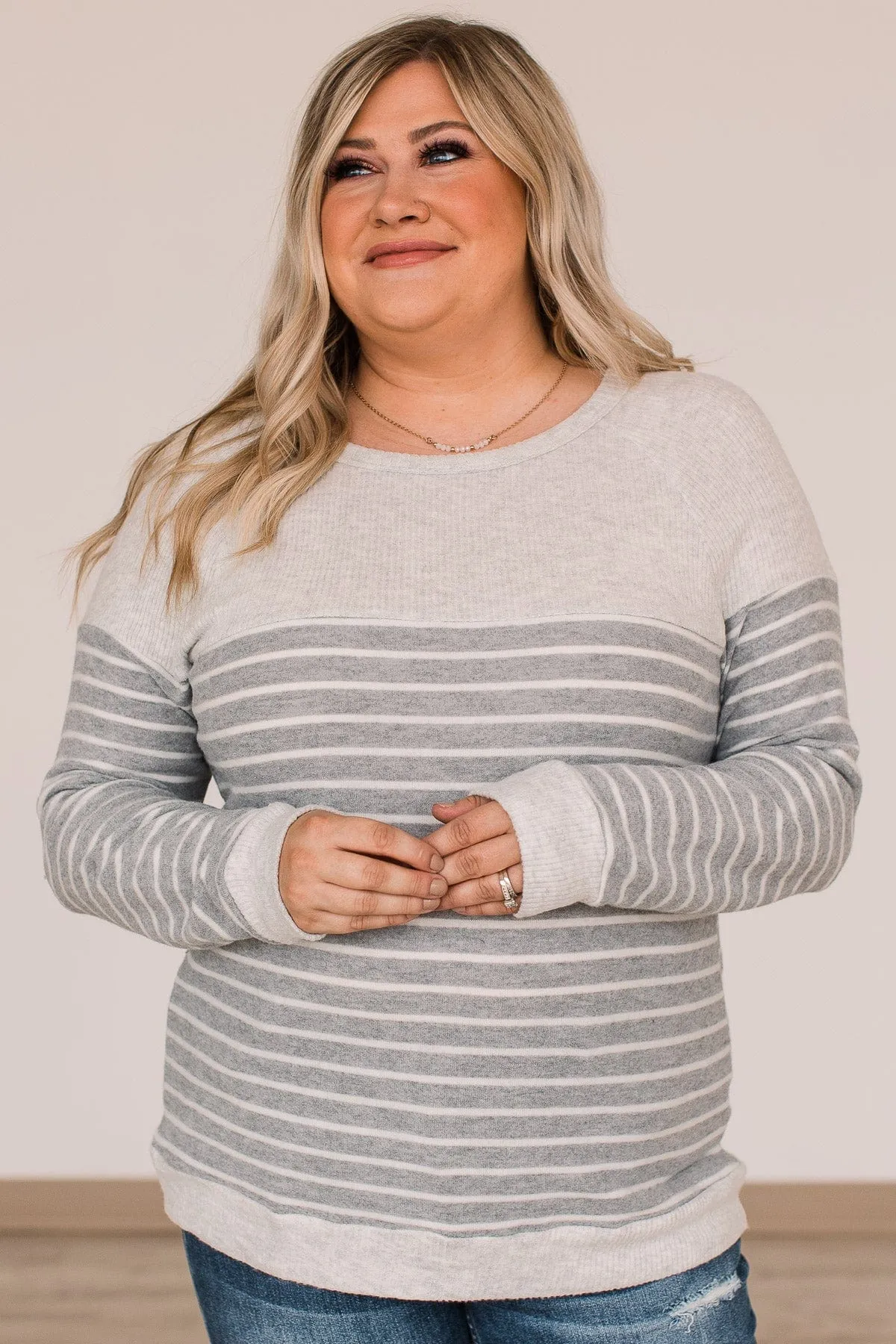 Break The Mold Striped Knit Top- Grey