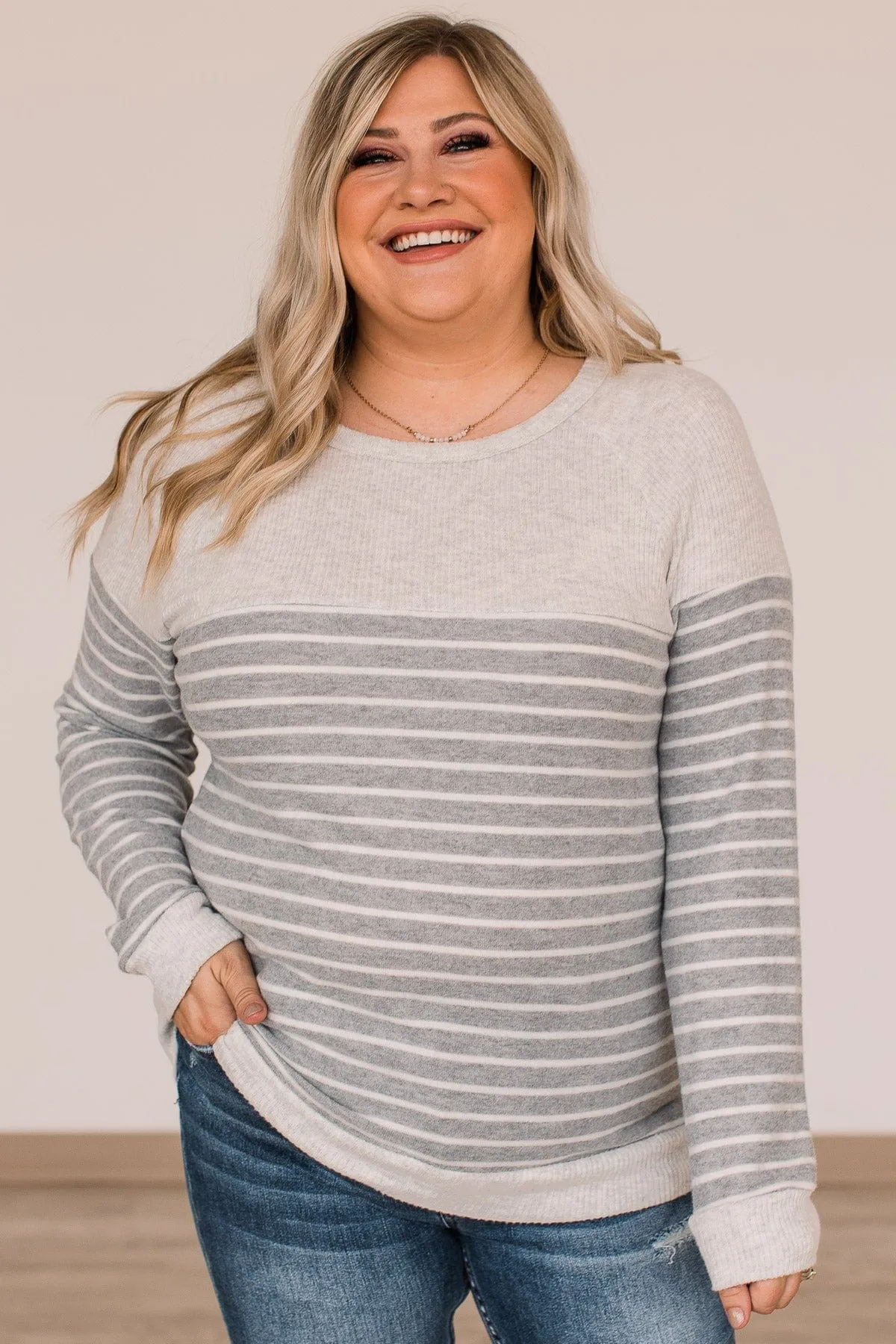 Break The Mold Striped Knit Top- Grey