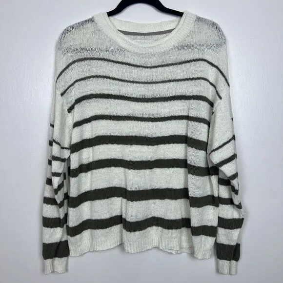Brochu Walker Reed Sweater Striped Linen &amp; Cotton Knit White Green Size Large