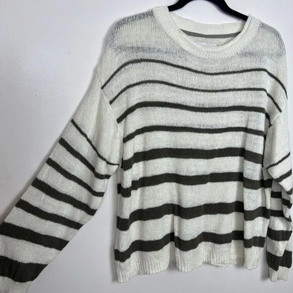 Brochu Walker Reed Sweater Striped Linen &amp; Cotton Knit White Green Size Large