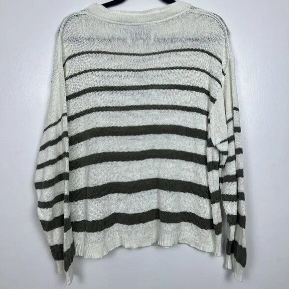 Brochu Walker Reed Sweater Striped Linen &amp; Cotton Knit White Green Size Large