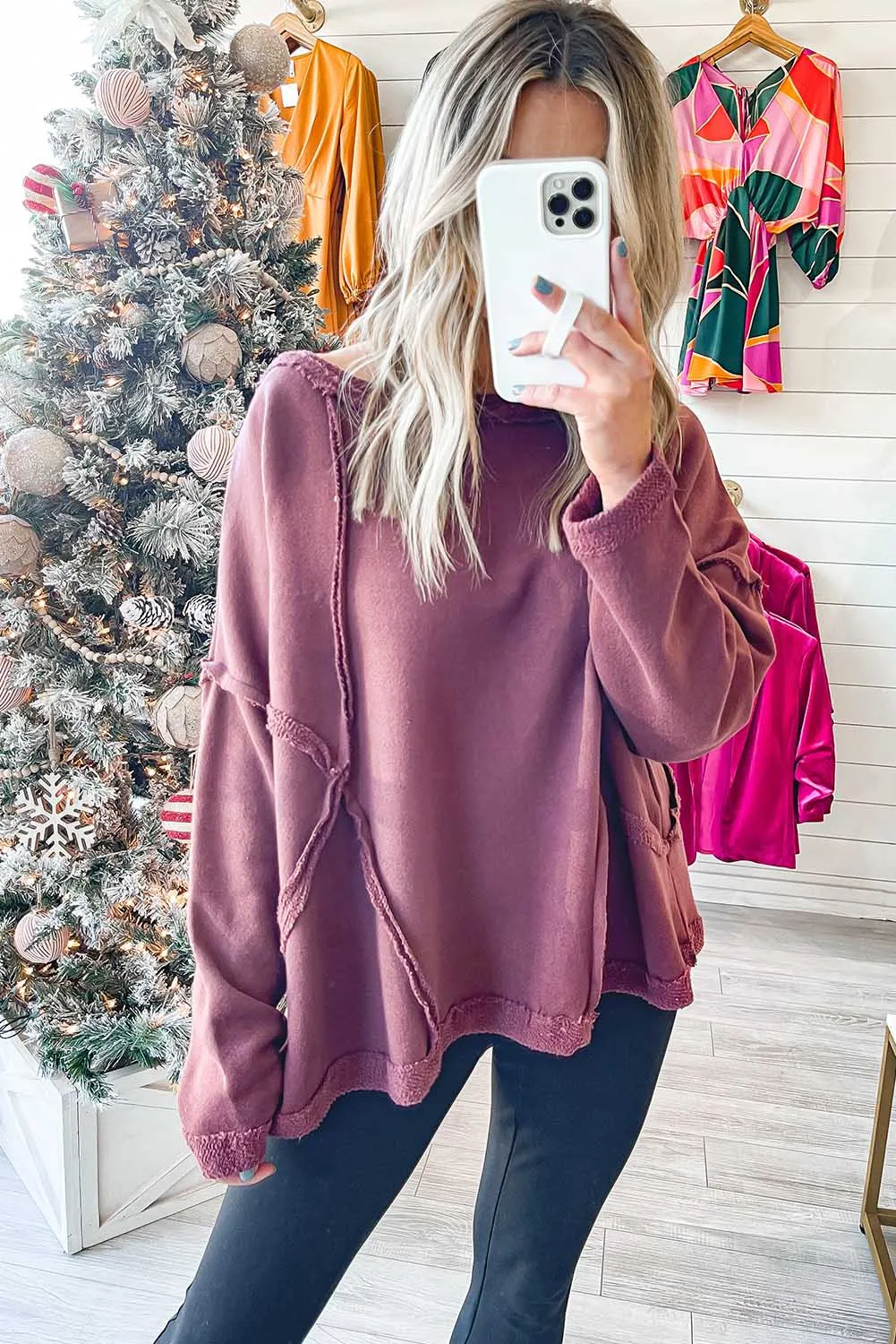 Brown Oversized Drop Shoulder Raw Edge Seamed Pullover Sweatshirt