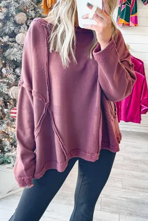 Brown Oversized Drop Shoulder Raw Edge Seamed Pullover Sweatshirt