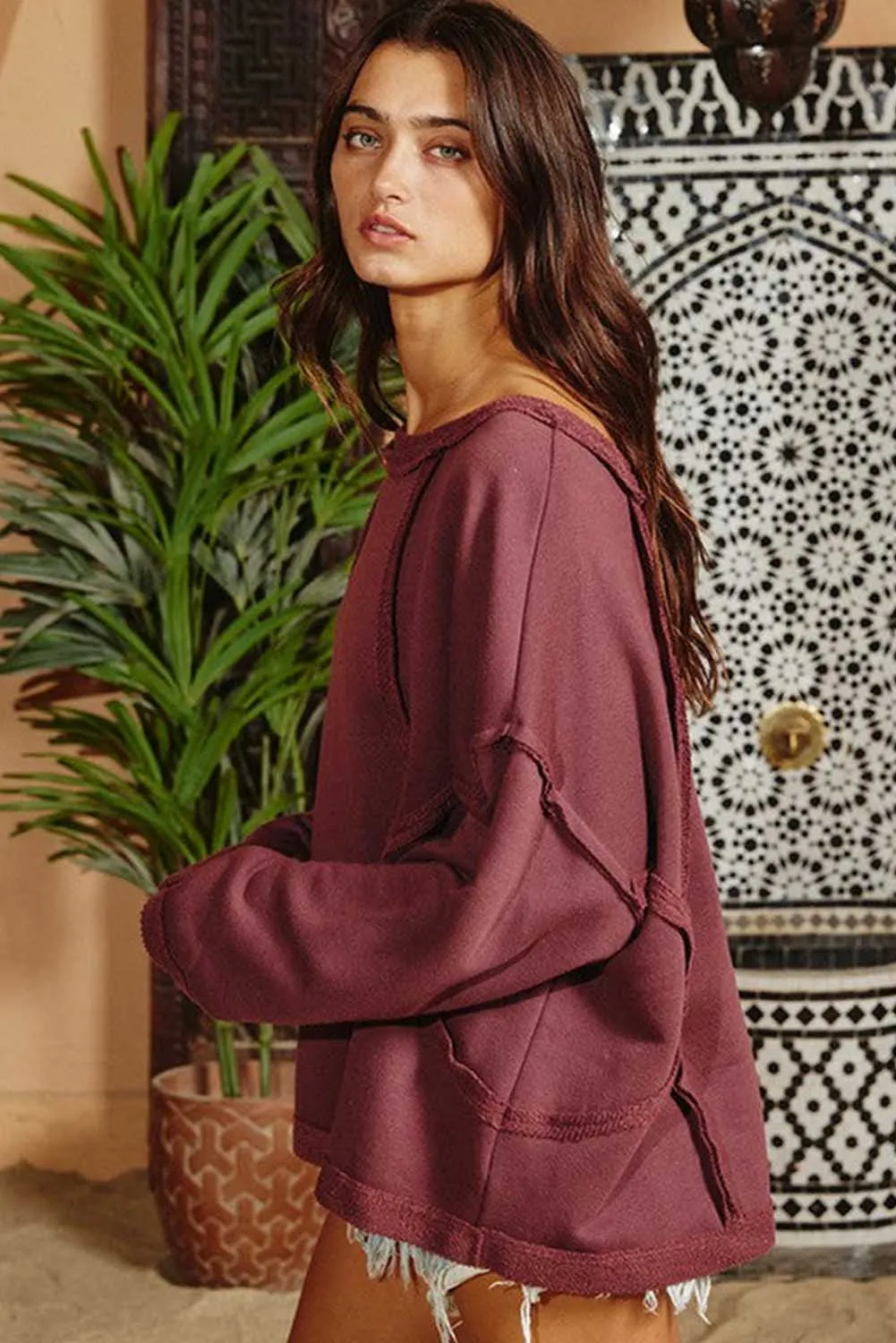 Brown Oversized Drop Shoulder Raw Edge Seamed Pullover Sweatshirt