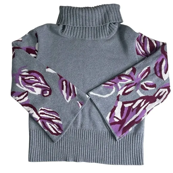 Cabi Gray Rose Eden Turtleneck Floral Bell Sleeve Sweater. Size Medium