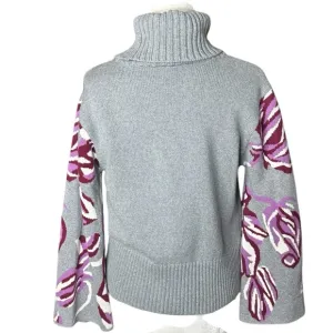 Cabi Gray Rose Eden Turtleneck Floral Bell Sleeve Sweater. Size Medium