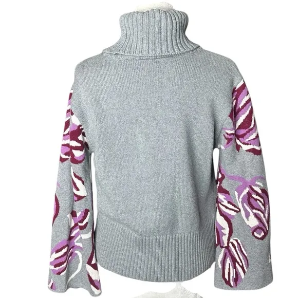 Cabi Gray Rose Eden Turtleneck Floral Bell Sleeve Sweater. Size Medium