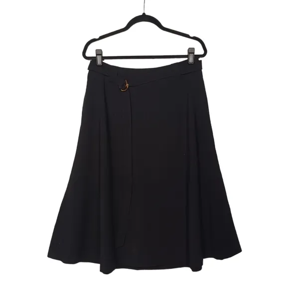 CALVIN KLEIN Gold Zipper A-Line Midi Black Skirt with Belt 8 (Medium)