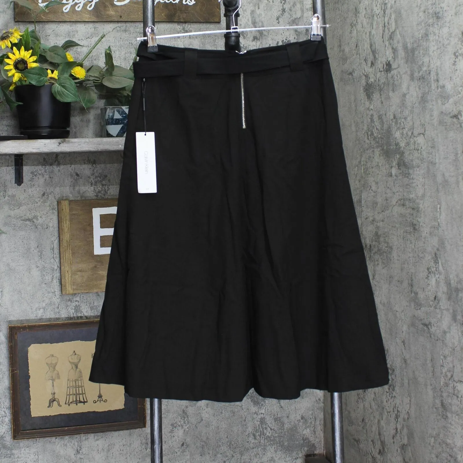 Calvin Klein Womens Woven Belted A-Line Skirt S8NSL614 Black 4