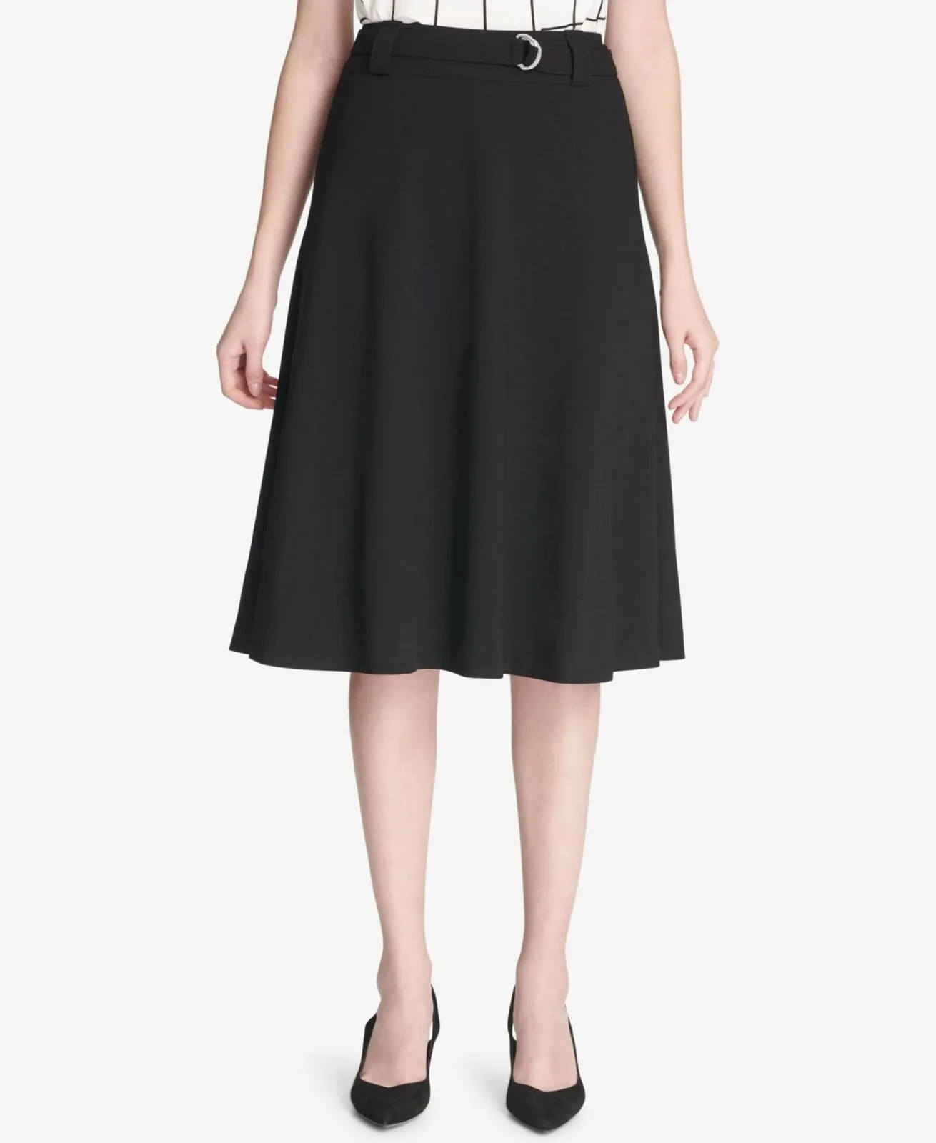 Calvin Klein Womens Woven Belted A-Line Skirt S8NSL614 Black 4